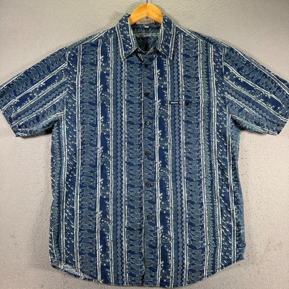 Vintage Guess Jeans Hawaiian Button Up Shirt Mens Large Blue All Over Print 90s